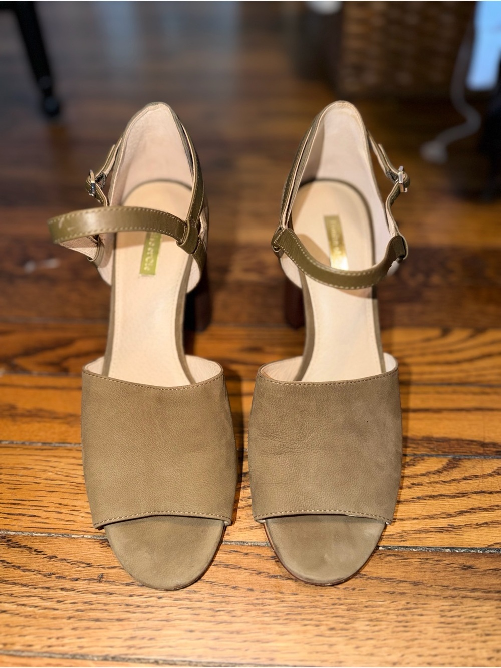 Louise et Cie LORU42 Olive Nubuck Leather Block Heel Sandals Ankle Strap Women’s